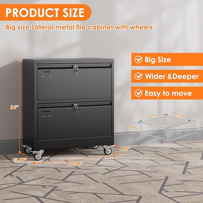 METAN Upgrade 2 Drawers Lateral File Cabinet on WheelsSteel Office Filing Storage Cabinet with 2 LocksAssembly RequiredBlack