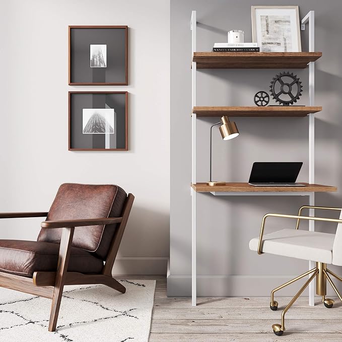 Nathan James Theo 2-Shelf Industrial Wall Mount Ladder Small Computer or Writing Desk Rustic Oak/White