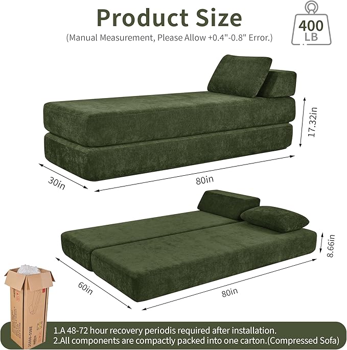 Convertible Chaise Lounge Chair Indoor Boneless Cloud Couch with 2 Pillows Sleeper Sofa for Living Room Bedroom Reading Nook- No Need Assembly (Green)