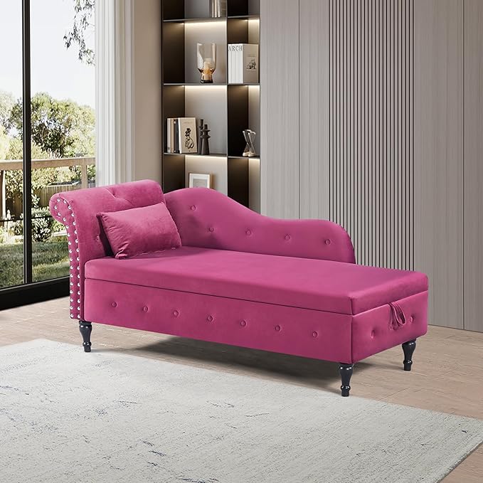 60 Modern Velvet Chaise Lounge IndoorUpholstered Lounge Chair with Left Armrest and Lumbar Pillow Button Tufted Lounge Sofa for Living Room Bedroom OfficeMini Chaise Longue Sofa (Burgundy)