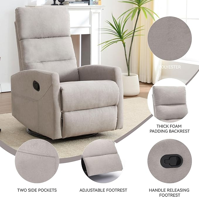 Slim Swivel Rocking Chair Recliners with PocketsLazy Boy Recliners for for AdultsSmall Recliner Chair for Small Spaces Manual Reclining Chairs for Living Room Bedroom Adjustable Backrest (Grey2)