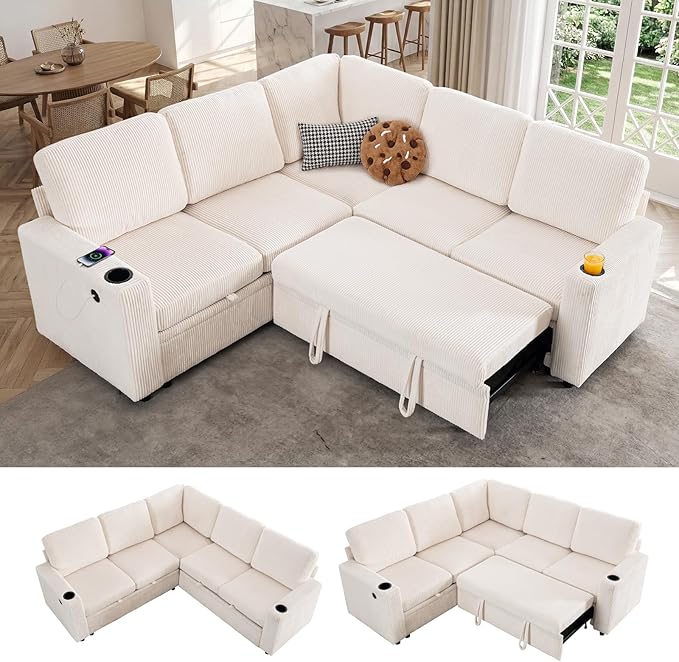 83 Sleeper Couch with Pull Out Sofa Bed 5-Seater Sectional Couches for Living Room L-Shaped Couch with Storage USB Port &amp Cup Holder Corduroy Convertible Corner Sofa for Apartment