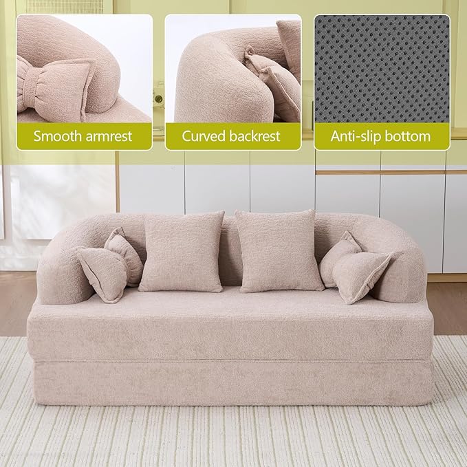 69.9 Folding Sofa Bed Full Sponge Convertible Sofa Bed with Wood Grain Chenille Fabric Easy to Carry Multi-Functional Guest Bed for Living Room Apartment Office