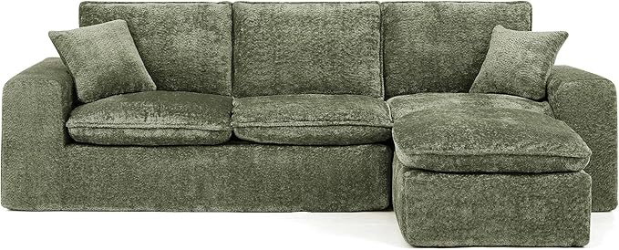 L-Shaped Boneless Modular Sectional Cloud Couches 4 Seat Modular Boucle Floor Foam Boneless Sofa Couch with Ottoman Headrest Pillows and Removable Cushions