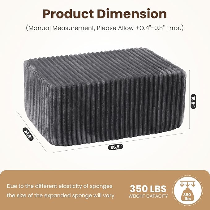 35.5 Plush Corduroy Ottoman Upholstered Cloud Ottoman for Boneless Couch in a Box Modular Sectional Couches for Living Room Compressed Memory Foam No Assembly RequireGrey