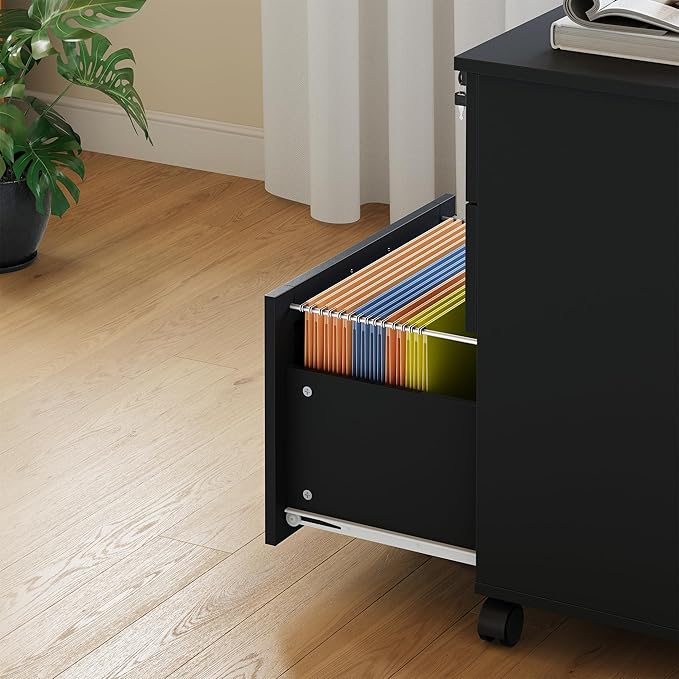 Secure 3-Drawer Wood File Cabinet with Lock – Mobile Under Desk Filing Cabinet Fits Letter/Legal/a4 Rolling Cabinet with Wheels – Classic Color