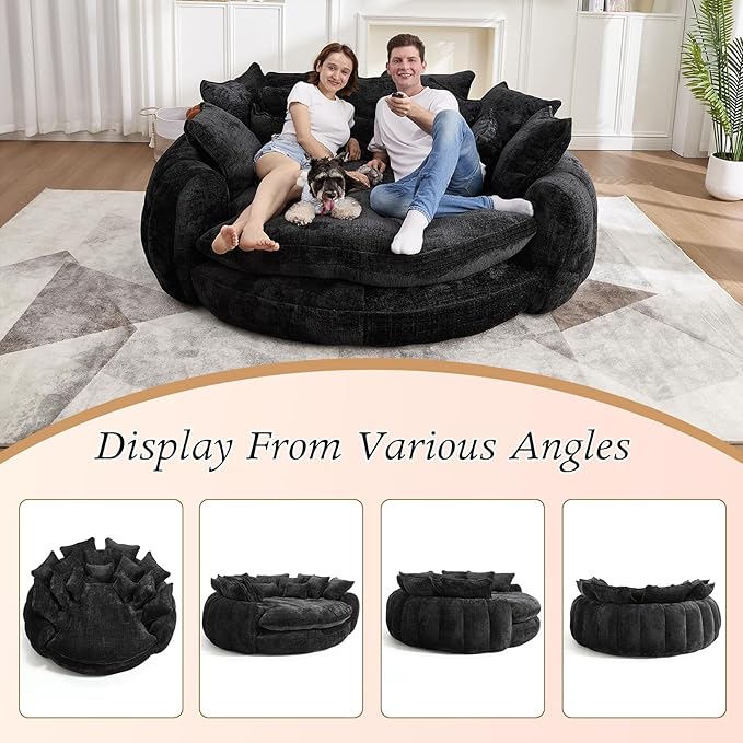 81” Oversized Upholstered Round Sofa Bed Circle Chaise Lounge Chair Indoor Modern Chenille Cloud Couch with 14 Pillows Comfy Bean Bag Chair Reading Couch Fluffy Sleeper Sofa for Living Room(Black)