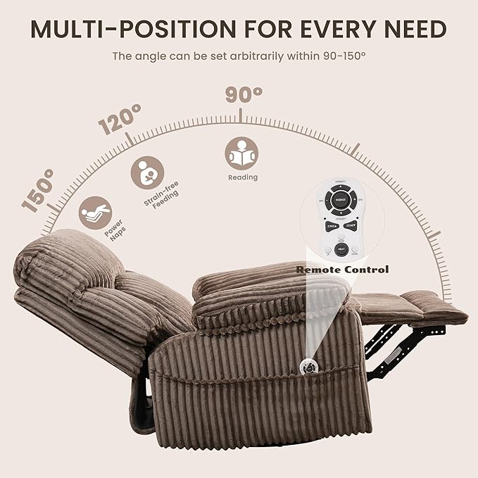 GRAINELL Swivel Rocker Recliner Chair with Massage and Heat USB Charging Port Infinite Position Power Recliner Electric Glider Rocking Chairs for Living Room Nursery (Brown)