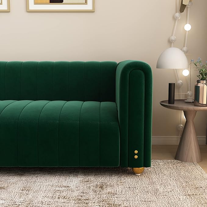 Green Velvet Couch Sofa Loveseat 81.3 Wide Mid Century Modern Couch Small Spaces Love Seat Tufted Chesterfield Velvet Sofa Futon with Gold Leg Comfy 3 Seat Extra Deep Sofas Couches for Living Room