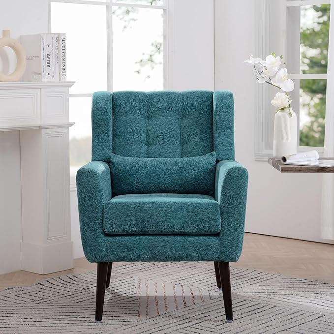 Modern Accent Chair Chenille Fabric Upholstered Tufted Side Wingback ChairMid Century Reading Chair Armchair with Waist Pillow Backrest for Living Room Bedroom (Teal)