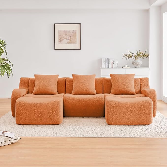 Orange U-Shaped Cloud Couch with 2 Ottomans Modern Teddy Fabric Boneless Sectional Sofa in a Box for Living Room Modular Floor Couch Deep Seat No Assembly Required Sofas para Sala