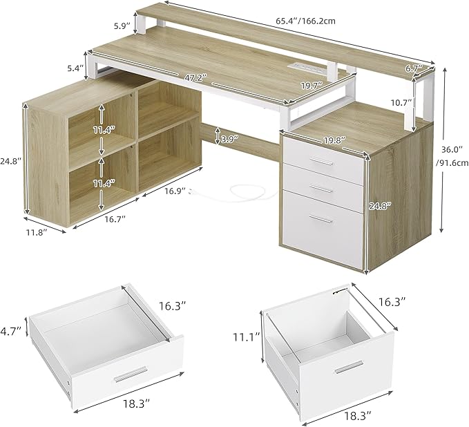 DWVO L Shaped Desk with Drawers 65 Computer Desk with Power Outlets &amp LED Lights Corner Home Office Desk with Storage Shelves &amp Printer Stand White &amp Oak