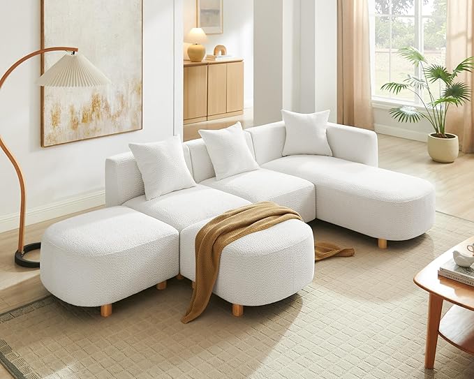 VANOMi 109.84 Modular Sectional Sofa with 3 Pillows Convertible 5-Seater Comfy Boucle Cloud Couch with Ottoman Modern Sectional Sofas for Living Room Office Apartment (White)