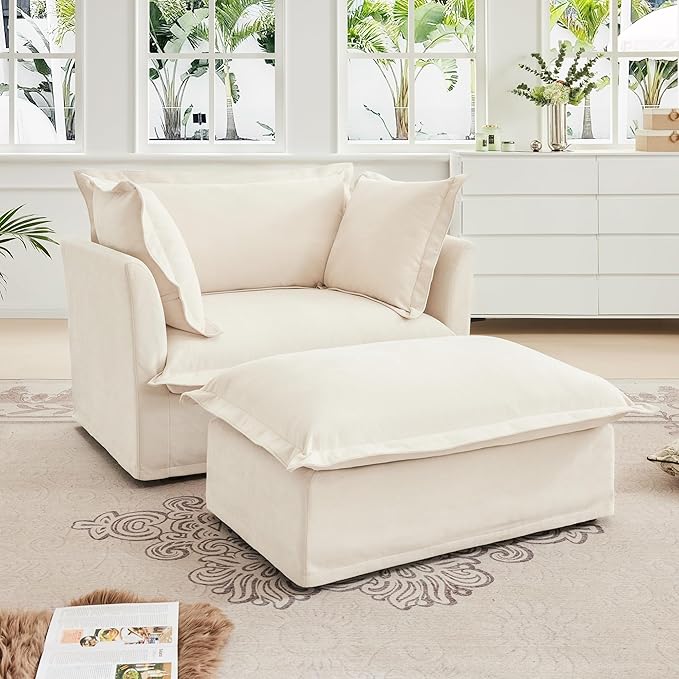 Chenille Oversized Accent Chair with Ottoman 49” W Big Comfy Modular Cloud Chair Cozy Armchair for Living Room Bedroom Family Room Reading Nook Cover Removable Cream