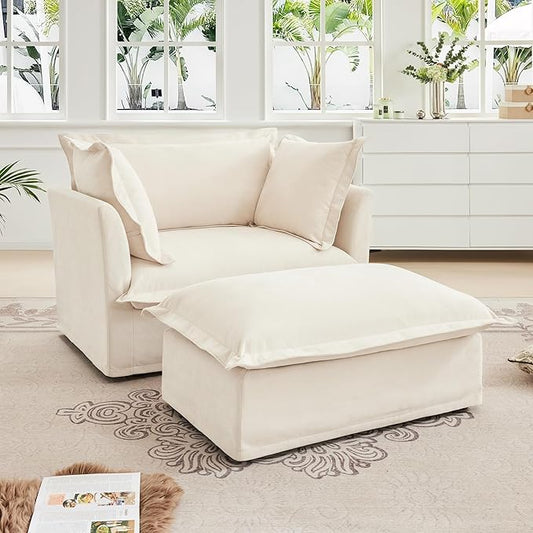 Chenille Oversized Accent Chair with Ottoman 49” W Big Comfy Modular Cloud Chair Cozy Armchair for Living Room Bedroom Family Room Reading Nook Cover Removable Cream