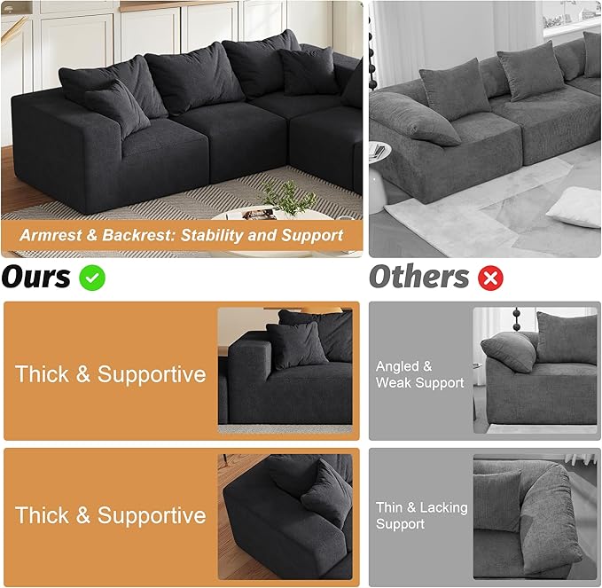Modular Sectional Couches for Living Room Oversized L Shaped Sleeper Sofa Bed with Ottoman Chenille No Assembly Required (Minimalist Black)