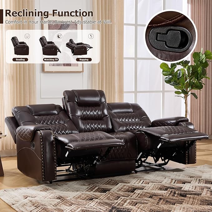 EBELLO Manual Reclining Sofa for Living Room Faux Leather 3 Seater Reclining Couch Chair Vintage Rivet Mid-Century Modern Design Furniture for Living Room Meeting Room Dark Brown
