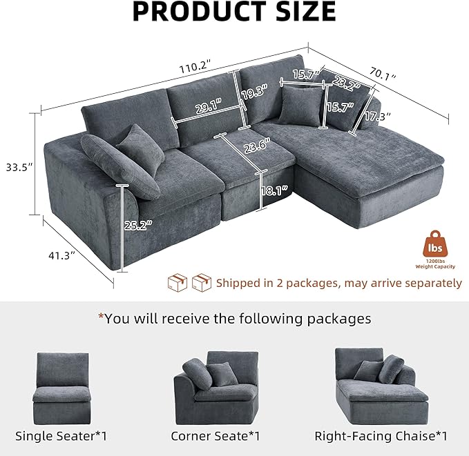 Boneless Sectional with Chaise 110 L-Shaped Cloud Couch for Living Room Deep Seat Chenille Floor Sofa Frameless Modular Lounge Set (Dark Gray Right Facing Chaise)