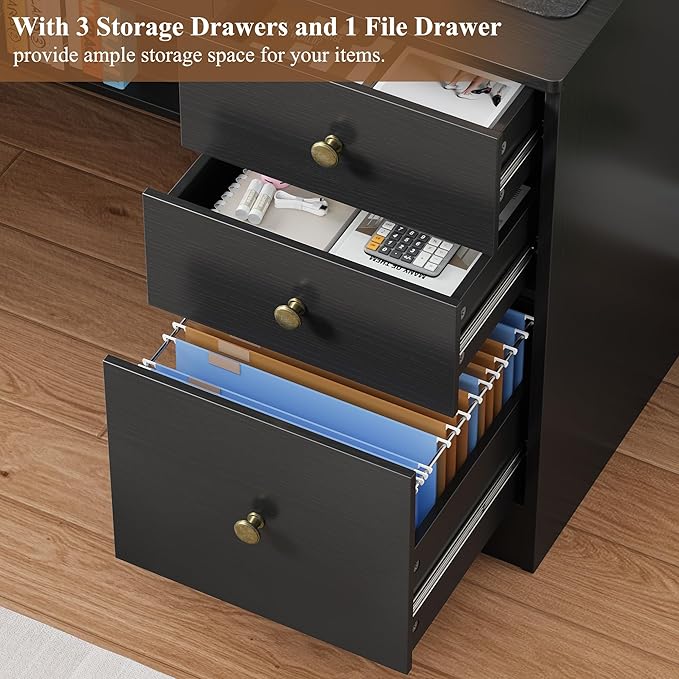 TTVIEW Computer Desk with Drawers and Hutch Shelf Wood Executive Desk Writing Study Table with 43” Wide Tabletop Small Desk with File Drawer for Home Office Bedroom Black