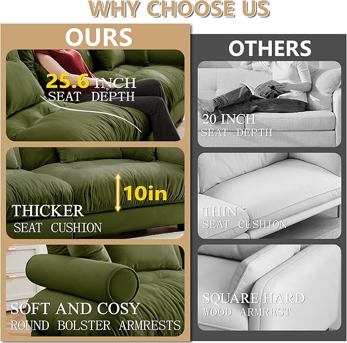 93.7 Oversized Modular Sectional Sofa 2-Seater L-Shaped Loveseat Cloud Couch with Ottoman and Pillows Deep Seat Comfy Velvet Sofa for Living Room Home Theater or Apartment Olive Green