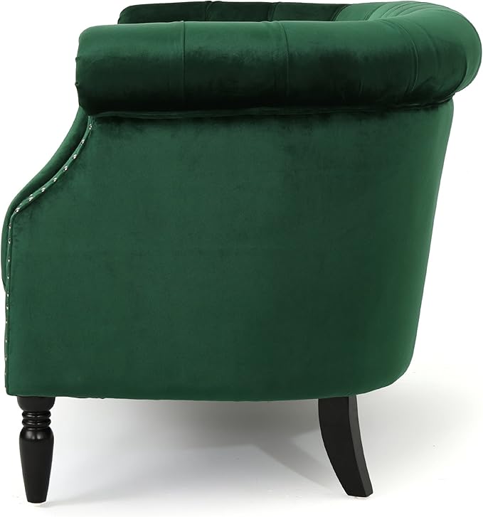 GDFStudio Melaina Tufted Chesterfield Velvet Loveseat with Scrolled Arms Emerald and Dark Brown.