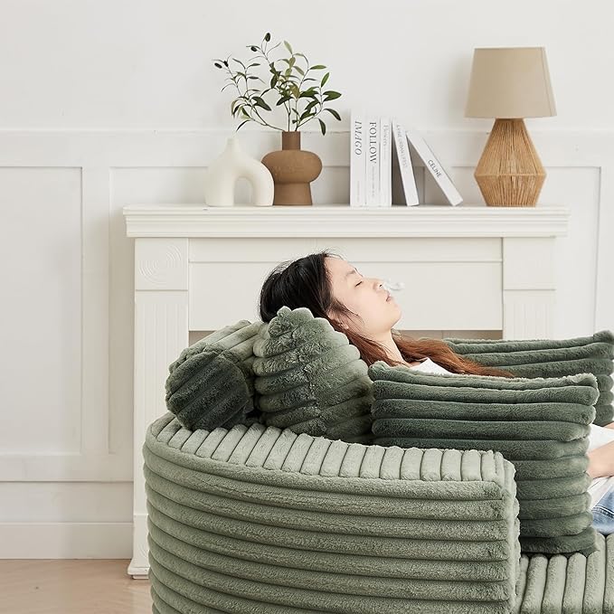 55 inch 360° Swivel Accent Chair Chaise Lounge Chair Indoor Oversized Round Swivel Accent Chair Modern Corduroy Single Sofa Chair Deep Seat Chair for Living Room Bedroom Apartment Green
