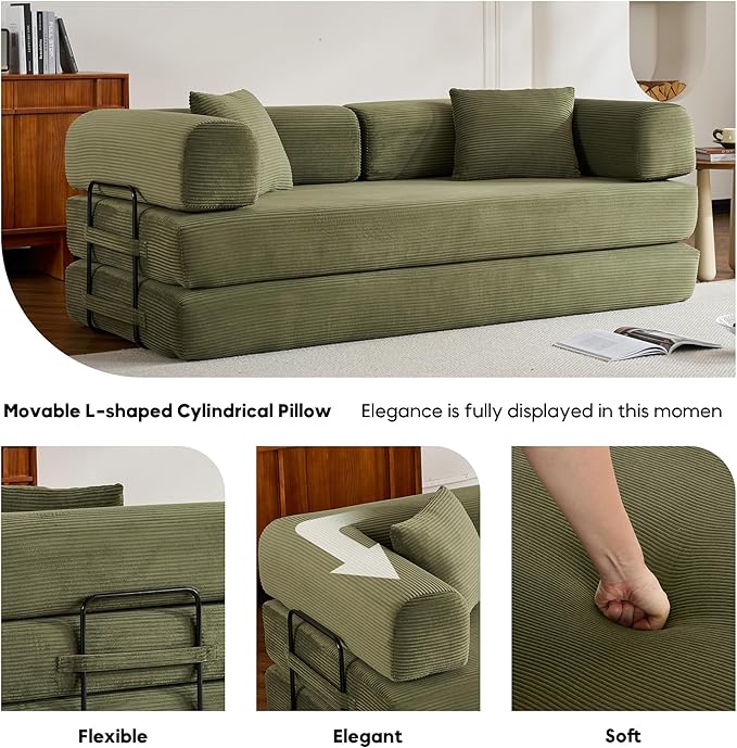 Convertible Folding Couch Bed Comfy Corduroy Sleeper Floor Sofa Bed with Fixed-Shape Frame Floor Sofa with Armrest Lounge Couch for Living Room Bedroom Lounge Studio Green