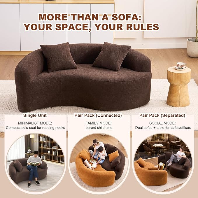 66.9'' Modular Sectional Loveseat Chenille Upholstered Boneless Curved Loveseat with Deep SeatCombination Round Sofa for Coffee Shop Game Room Office (Brown 66.9 Inch)