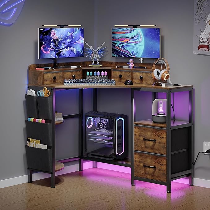 Corner Desk with 6 Fabric Drawers Shelves for Small Space Computer Desk with Power OutletsGaming Desk with Printer Monitor Stand Storage for Home Office Workstation Writing Table Brown