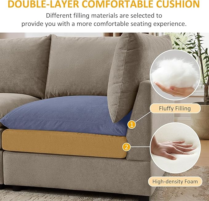 VANOMi 98 L Shape Modular Sectional Cloud Sofa Couches Convertible Sleeper Sofa with Thick Cushion Movable Ottoman for Bedroom Apartment Upholstered Comfy Living Room Sofa Set Taupe