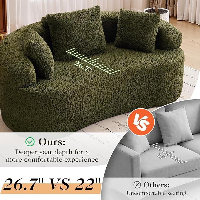 Curved Couch Loveseat Sofa Luxury Deep Seat Loveseat Sofa Couch for Small Place Modern Cloud Couch Floor Couch with 3 Pillows for Living Room &amp Bedroom No Assembly Required (Green)
