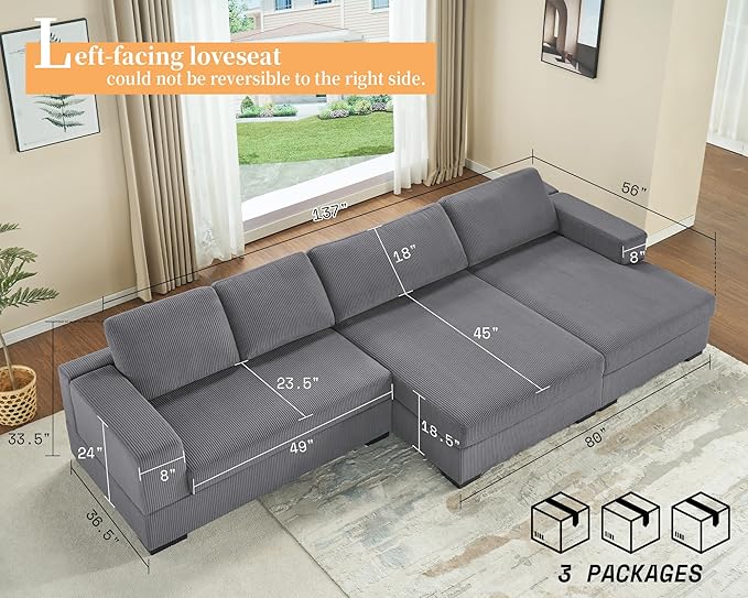 AMERLIFE 137 Inch Oversized Sectional Sofa Large Double Chaise Couch Comfy Sofa Couch with Right Chaise Grey Corduroy Sofa