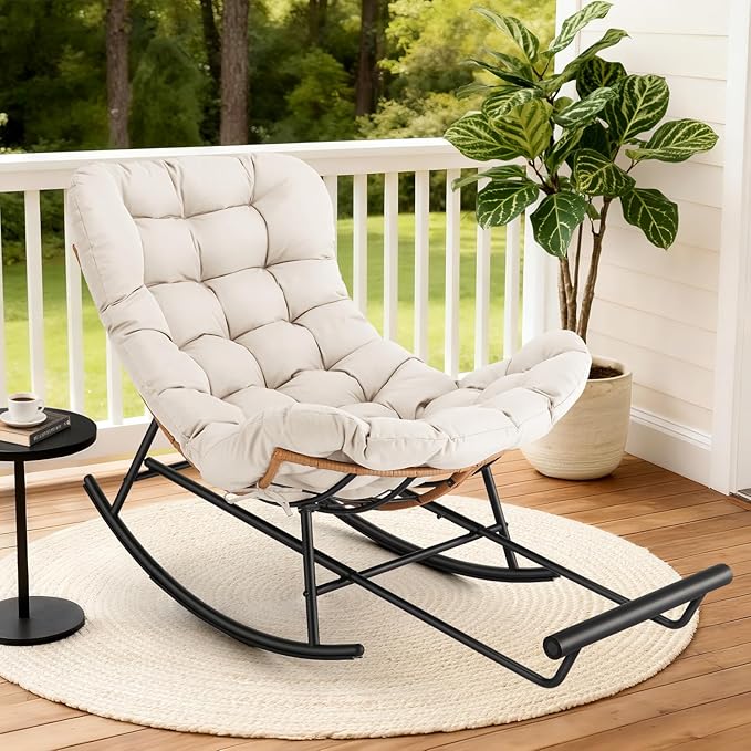 GAOMON Papasan Rocking Chair with Foot Rest and Thick Waterproof Cushion Ergonomic Papasan Chair with Metal Frame &amp PE Rattan Lounge Chairs for Patio Garden Lawn Living Room and Relaxation Spac