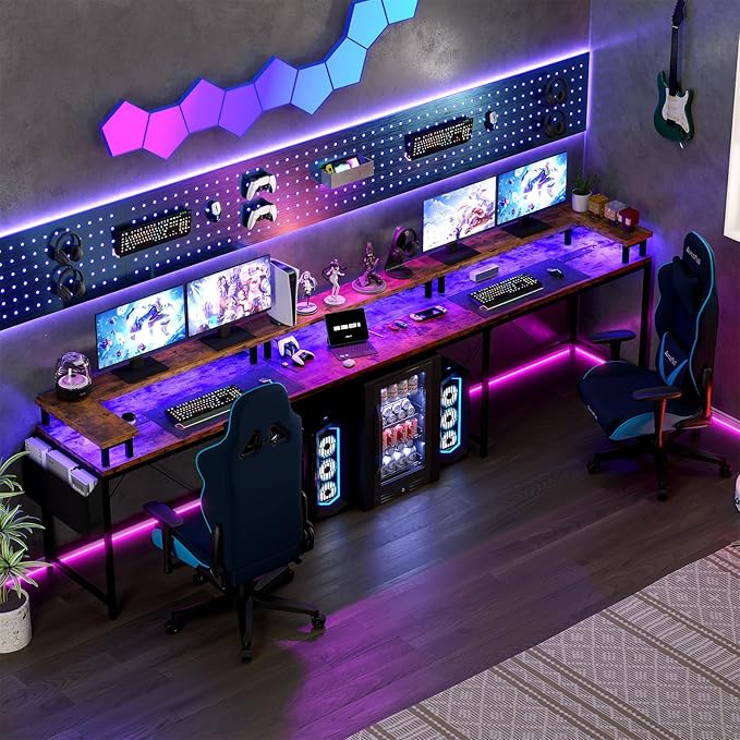 GAOMON U Shaped Home Office DeskReversible l Shaped Gaming Computer Desk with Power Outlets LED StripStorage ShelvesStorage Bag and Hooks for Home OfficeTabby Pattern