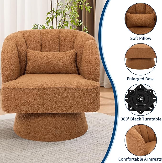 GarveeHome Modern Swivel Barrel Accent Chair 360° Teddy Fabric Upholstered Armchair with Striped Backrest &amp Plush Padding Comfy Round Lounge Chair for Living Room Bedroom Reading Nook Brown
