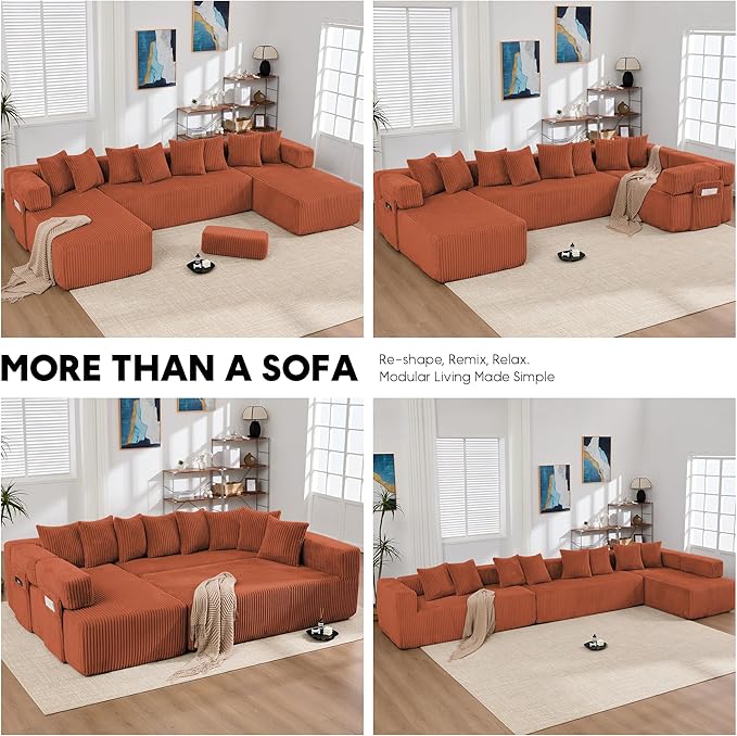 Oversized Cloud Boneless Couch with Chaise Modern Modular Corduroy Sofa with Deep Seat Various Combinations Upholstered Couches with Storage No Assembly Required-Orange