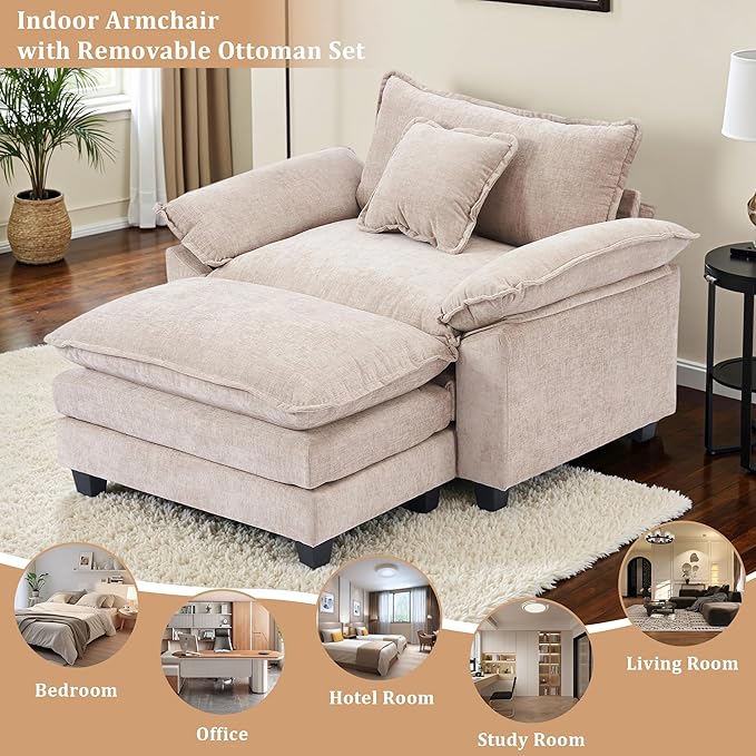 Gexpusm Oversized Accent Chair with OttomanOversized Chaise Lounge Chair Indoor with Deep SeatReading Chair Comfy Chenille Sofa Couch Chair for Living Room Bedroom Modern Lounge Chair (Khaki)