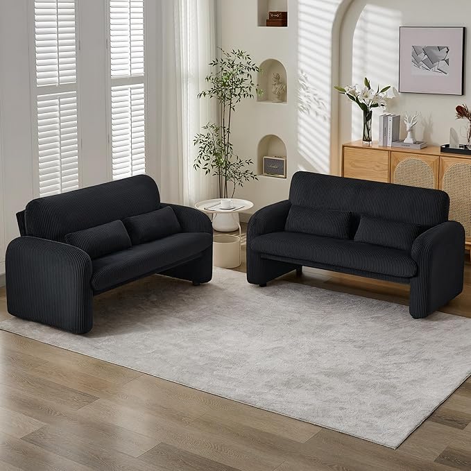 Corduroy Accent Living Room Sets Modern Upholstered Love Seat with 2 Accent Chairs Wide Comfy Leisure Chair Sets for Bedroom Office Black
