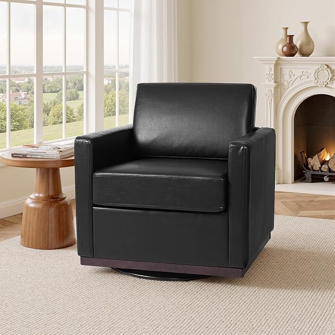 Swivel Barrel Accent Chair Mid Century Modern Arm Chair for Living Room Bedroom Comfy Club Reading Lounge Sofa Corner Chairs for Adults (Leather Black Set of 2)