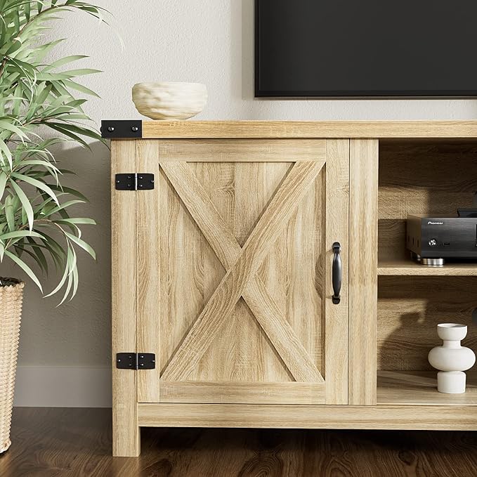 YESHOMY Modern Farmhouse TV Stand with Two Barn Doors and Storage Cabinets for Televisions up to 65+ Inch Entertainment Center Console Table Media Furniture for Living Room 58 Inch White Oak