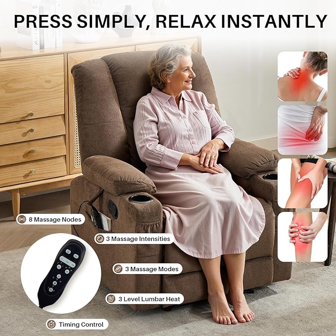 Recliner Chair with Massage and HeatChenille Recliner Sofa Chairs for AdultsWall Hugger Recliners for Living Room Reclining Armchairs with Cupholders Middle Brown