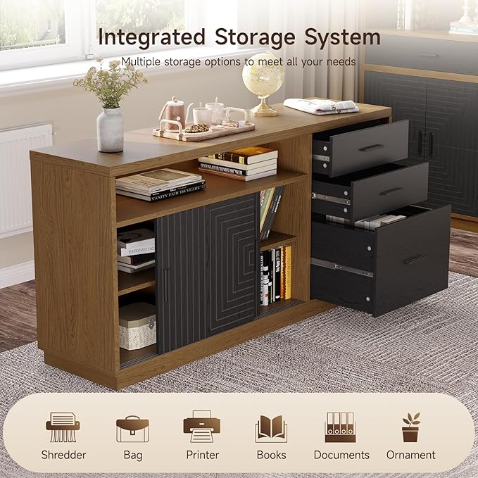 ONBRILL Home Office Furniture Set 63'' Standing Desk with 55'' File Cabinet Electric Height Adjustable Executive Workstation with Monitor Stand for Home Office Oak Brown