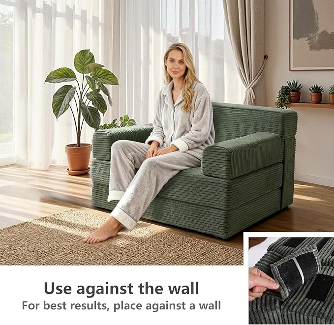 Folding Sofa BedConvertible Sofa Bed with Armrest Foldable Sleeper Chair Portable Folding 4-in-1 Floor Sofa with Convertible Lounge Chair for Living RoomBedroomWashable CoverGreen Single