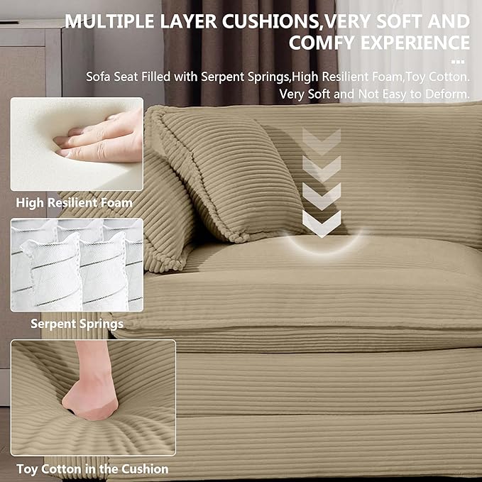 Oversized Modular Sectional Sofa 149.5'' Modern Corduroy Comfy Cloud Couches for Living Room Apartment L-Shaped Deep Seat 4-Seater Sofa with Movable Ottoman Camel