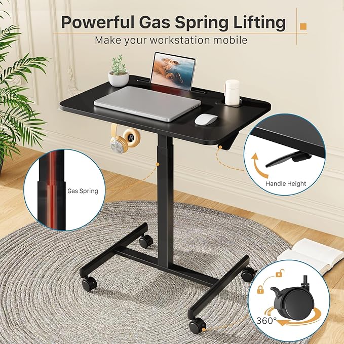 Mobile Standing Desk Rolling Laptop Cart Adjustable Height with Cup Holder 28 inch Portable Table with 4 Lockable Wheels Black Computer Workstation with Hook and Slots for Home Office