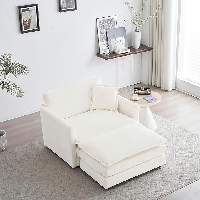Modern Accent Chair Wide Accent Armchair with Ottoman Upholstered Single Club Chair for Living Room Bedroom (Chenille Fabric in Cream White 1 Seat and 1 Ottoman)