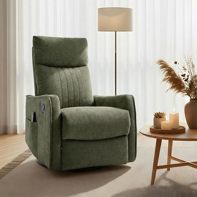 Casaphoria 360° Swivel Rocking Recliner Chair with Heat and Massage Upholstered Fabric Nursery Glider with Side Pocket for Living RoomBedroomHome Theater and RV Small Space(Antique Green)
