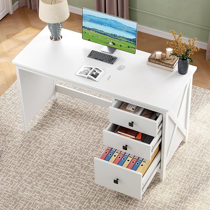 JSB 47.2'' White Computer Desk for Home OfficeFarmhouse Executive Desk with 3 File DrawersStudy Writing Table Storage CabinetMakeup Vanity Desk for Bedroom (White 47.2in)