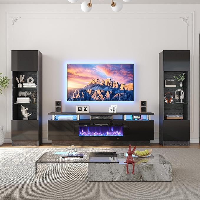 MXV 70 Fireplace TV Stand Modern Entertainment Center &amp 36 Inch Electric Fireplace with Remote Control LED Light Fire Place Tv Stand for Living Room for TVs up to 80 Black + Black