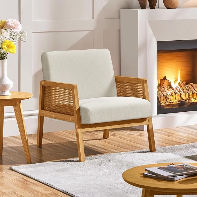 Yaheetech Accent Chair Modern Armchair with Wood Legs Mid Century Living Room Chair Linen Comfy Lounge Chair for Bedroom Reading Room Set of 2 Beige